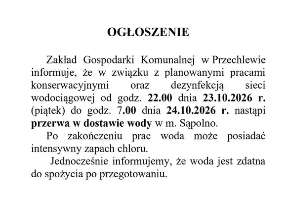 Przerwa w dostawie wody w Sąpolnie – 23/24 października